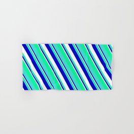 [ Thumbnail: Blue, White, Green, and Turquoise Colored Striped/Lined Pattern Hand & Bath Towel ]