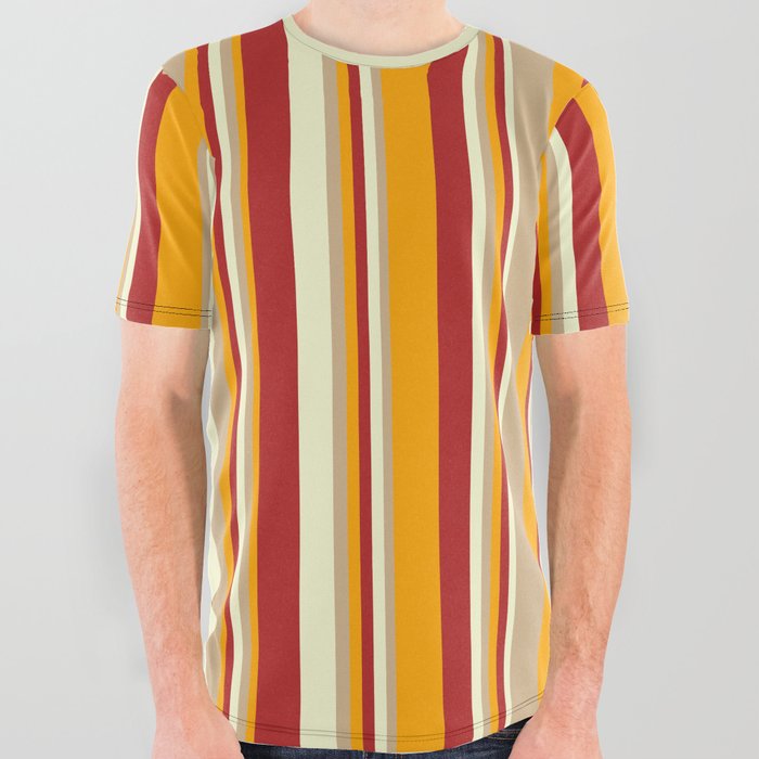 Light Yellow, Red, Orange, and Tan Colored Striped/Lined Pattern All Over Graphic Tee