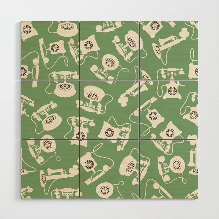 Vintage Rotary Dial Telephone Pattern on Vintage Green Wood Wall Art