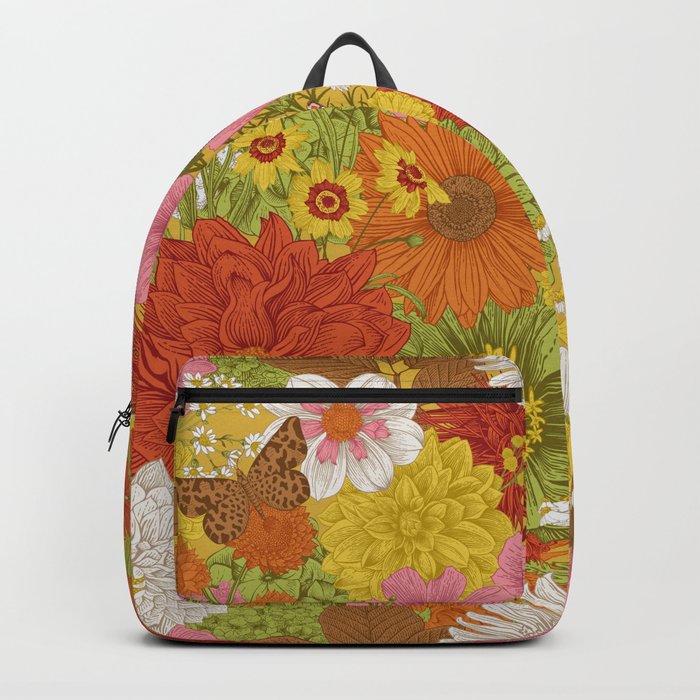 Seamless floral pattern 70s. Autumn flowers and butterflies. Warm colors.  Backpack