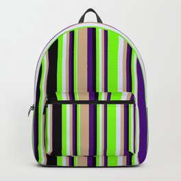 [ Thumbnail: Eyecatching Indigo, Tan, Lavender, Green & Black Colored Lines/Stripes Pattern Backpack ]