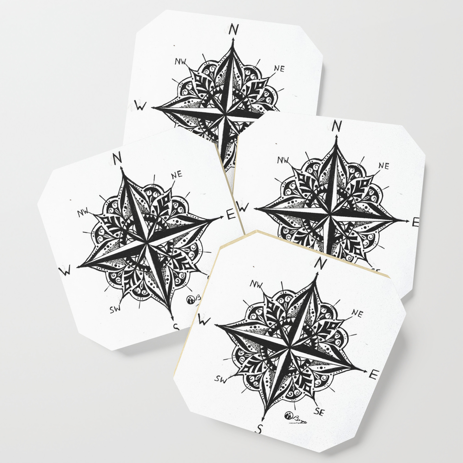 Mandala Compass Rose Original Directional Compass Art Coaster By