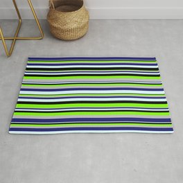 [ Thumbnail: Vibrant Chartreuse, Grey, Midnight Blue, Light Cyan & Black Colored Lined/Striped Pattern Rug ]