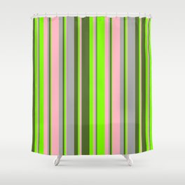 [ Thumbnail: Light Pink, Dark Grey, Dark Olive Green, and Chartreuse Colored Lines/Stripes Pattern Shower Curtain ]