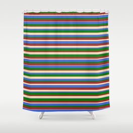 [ Thumbnail: Tan, Royal Blue, Green, and Brown Colored Stripes/Lines Pattern Shower Curtain ]