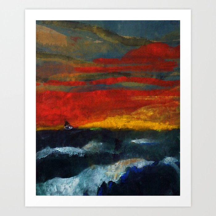 Red Sky Sunset with Sailboat Nautical Landscape Painting by Emil Nolde Art Print
