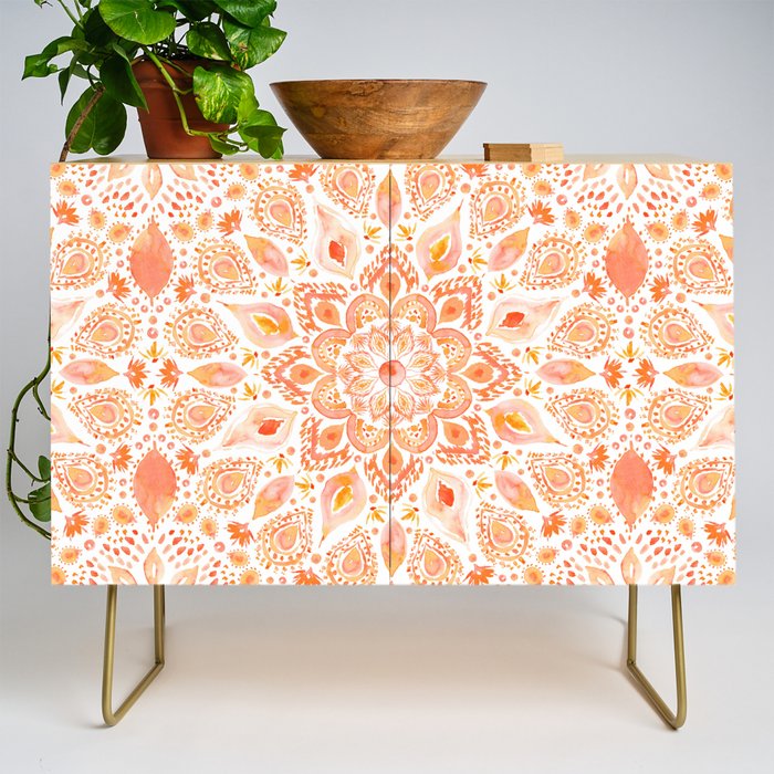 WOMANLY FORCES Coral Lotus Watercolor Mandala Credenza