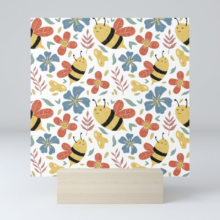 Cute Honey Bees and Flowers Mini Art Print