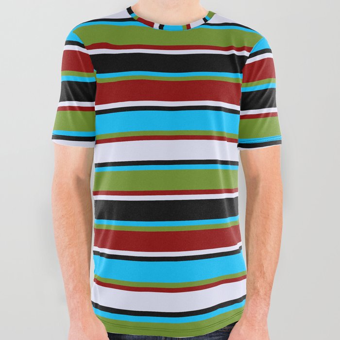 Eyecatching Deep Sky Blue, Green, Dark Red, Lavender, and Black Colored Lines/Stripes Pattern All Over Graphic Tee