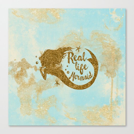 Real life Mermaid - Gold glitter lettering on aqua glittering background Canvas Print