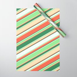 [ Thumbnail: Colorful Red, Sea Green, Mint Cream, Light Green & Beige Colored Lined/Striped Pattern Wrapping Paper ]