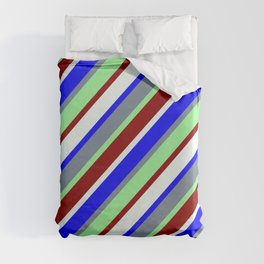 [ Thumbnail: Light Slate Gray, Green, Dark Red, Mint Cream, and Blue Colored Lined/Striped Pattern Duvet Cover ]