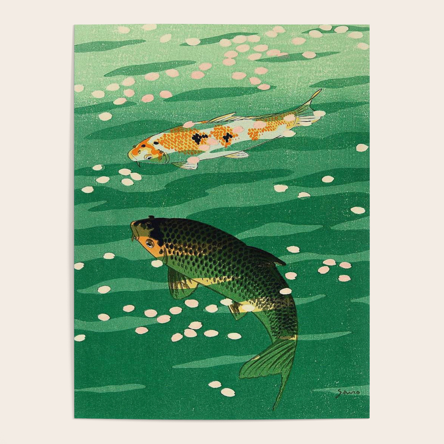 linoprint koi carp a4 fisherman koi print block print fish print Copper .....