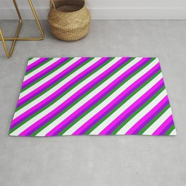 [ Thumbnail: Eye-catching Fuchsia, Dark Violet, Forest Green, Mint Cream, and Light Grey Colored Stripes Pattern Rug ]