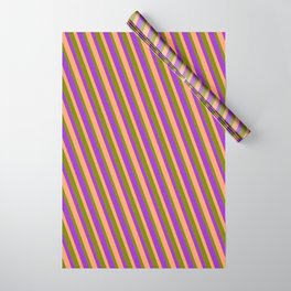 [ Thumbnail: Light Salmon, Green, and Dark Orchid Colored Lined/Striped Pattern Wrapping Paper ]