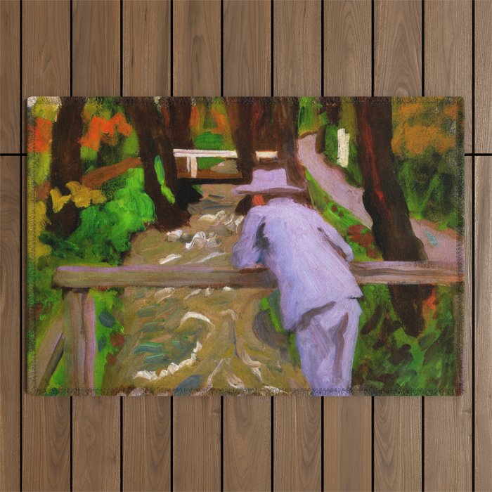 Man in Purple Suit on a Garden River Bridge in Spring portrait painting Karoly Ferenczy Outdoor Rug