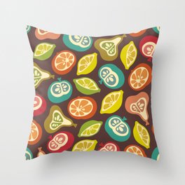 JUICY FRUITS FRESH RIPE FRUIT in RETRO MULTI-COLORS ON BROWN Throw Pillow