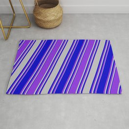 [ Thumbnail: Grey, Blue & Purple Colored Stripes Pattern Rug ]