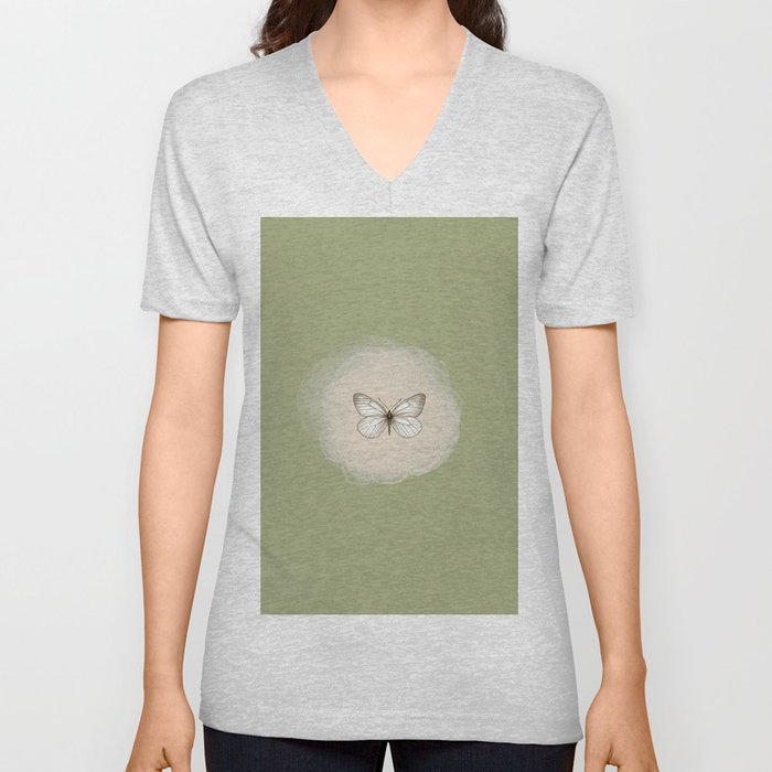 Hand-Drawn Butterfly and Brush Stroke on Sage Green V Neck T Shirt