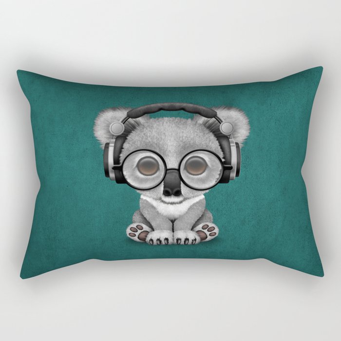 Cute Baby Koala Bear Dj Wearing Headphones On Blue Rectangular