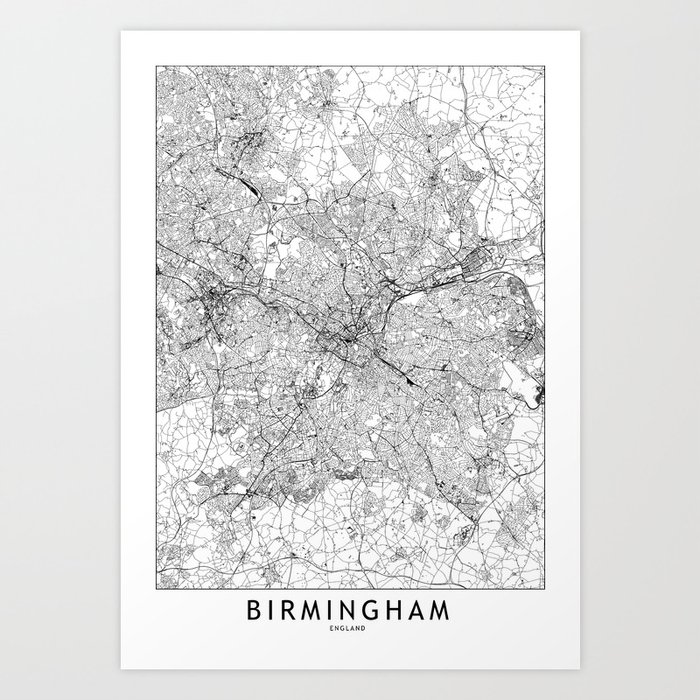 Birmingham, England White Map Art Print