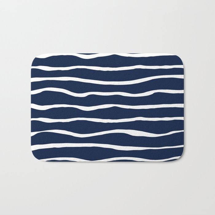 Ocean Ripple Modern Organic Stripe Pattern in White and Nautical Navy Blue Bath Mat