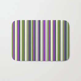 [ Thumbnail: Colorful Light Yellow, Dark Slate Gray, Dark Orchid, Green, and Grey Colored Striped Pattern Bath Mat ]