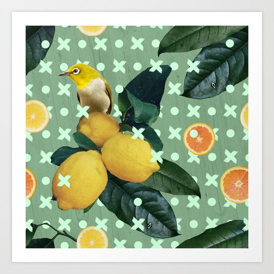 Bird & lemons green pattern Art Print