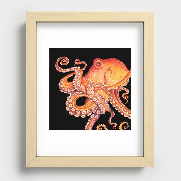 Red Orange Octopus Tentacles Kraken on Black Watercolor Art Recessed Framed Print