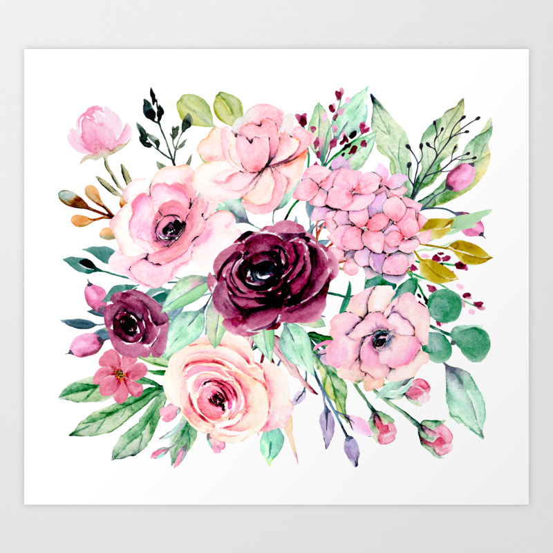Watercolor Pink Flower Composition Hand Drawing Peonies And Roses Art Print By Alexcrafts Society6