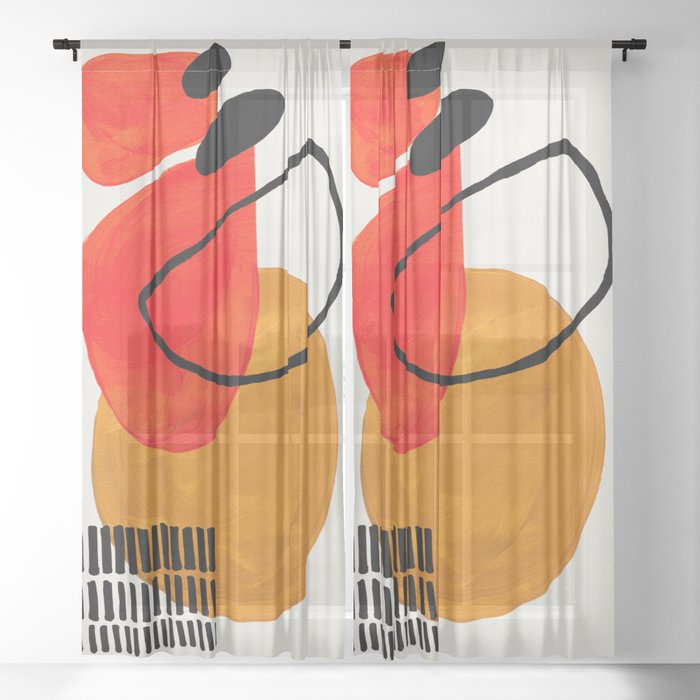 Mid Century Modern Abstract Vintage Pop Art Space Age Pattern Orange Yellow Black Orbit  Sheer Curtain