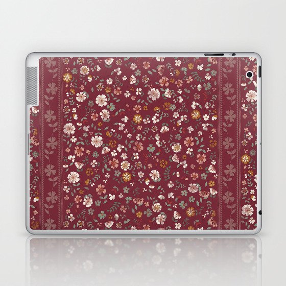 crafted heritage vintage flowers and cross stitches stripe on dark red Laptop & iPad Skin