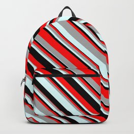 [ Thumbnail: Red, Dark Grey, Light Cyan, and Black Colored Striped Pattern Backpack ]