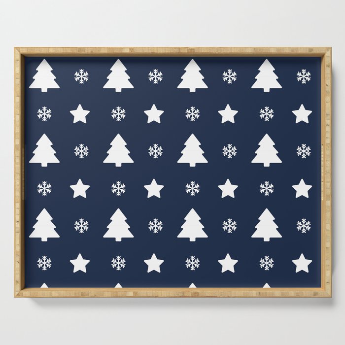 Christmas Pattern White Navy Blue Tree Snowflake Serving Tray