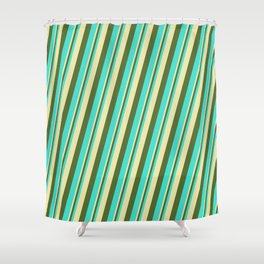 [ Thumbnail: Pale Goldenrod, Dark Olive Green & Turquoise Colored Lines Pattern Shower Curtain ]