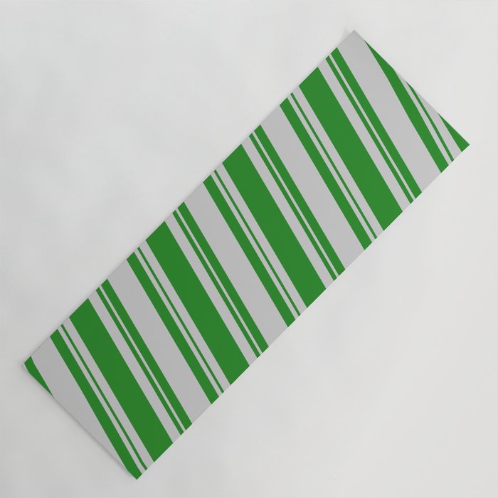 Forest Green and Light Gray Colored Stripes Pattern Yoga Mat