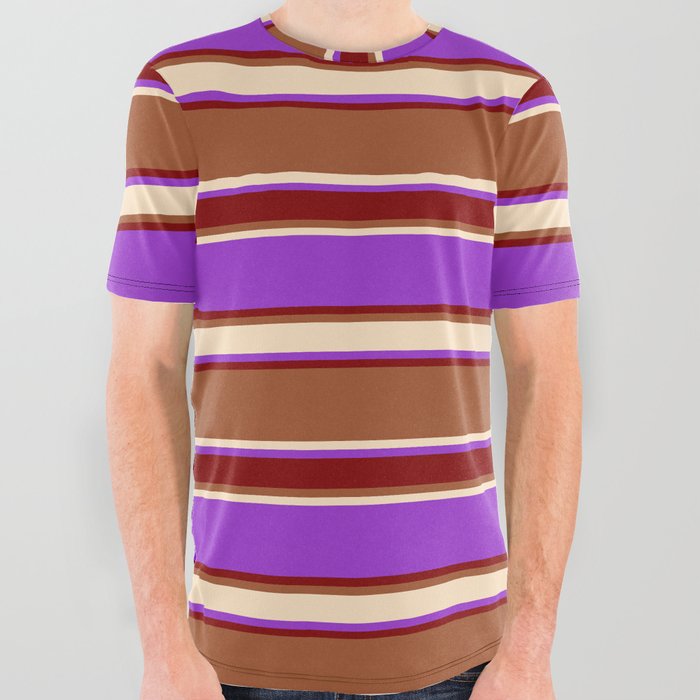 Sienna, Bisque, Dark Orchid, and Maroon Colored Lined/Striped Pattern All Over Graphic Tee
