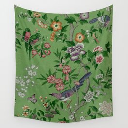 Chinoiserie Magpie Peony Garden Summer Green Wall Tapestry
