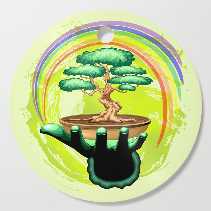 Bonsai Tree and Rainbow on Green Hand - Protecting Nature Cutting Board