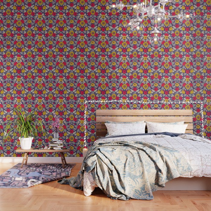 Vibrant Red, Yellow, Blue & White Modern Floral Pattern Wallpaper