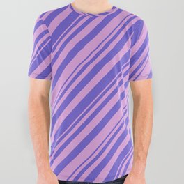 [ Thumbnail: Plum & Slate Blue Colored Lined Pattern All Over Graphic Tee ]
