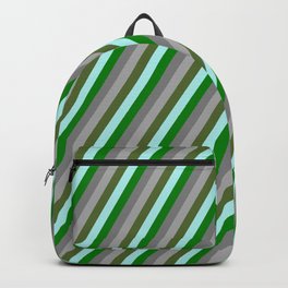 [ Thumbnail: Eye-catching Turquoise, Green, Grey, Dark Grey, and Dark Olive Green Colored Striped Pattern Backpack ]