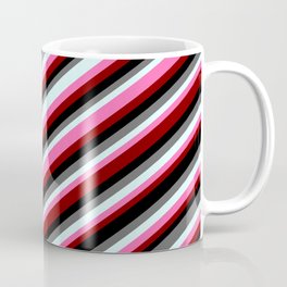 [ Thumbnail: Colorful Dim Gray, Light Cyan, Hot Pink, Maroon & Black Colored Striped/Lined Pattern Coffee Mug ]