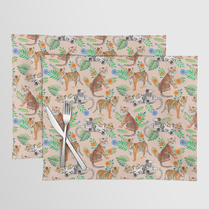 Tiger Cubs and Flowers (Beige) Placemat