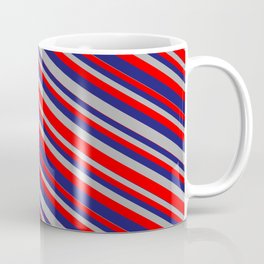 [ Thumbnail: Midnight Blue, Dark Grey & Red Colored Striped/Lined Pattern Coffee Mug ]