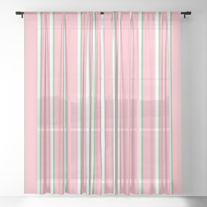 Light Pink, Dark Sea Green & White Colored Lines Pattern Sheer Curtain