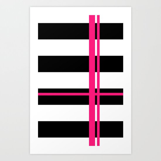 Black, white and neon pink stripes Art Print