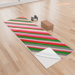 [ Thumbnail: Eye-catching Gray, Bisque, Hot Pink, Red & Green Colored Lines/Stripes Pattern Yoga Towel ]