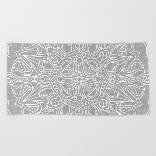 White Mandala on Grey Linen Beach Towel