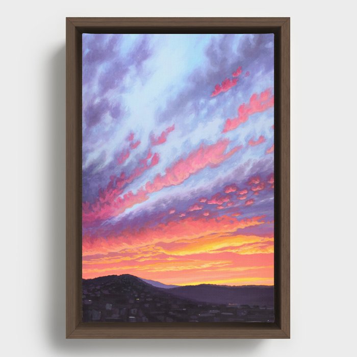 Vibrant Sunset Over City Hills Framed Canvas